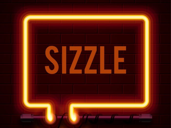 Sizzle logo - red text and square on black background